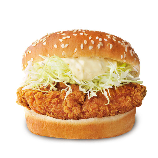 クリスピーチキンバーガー
単品 ¥350(税込)
セット¥730(税込)
さくさく!ジューシーなクリスピーチキン。シャキシャキの千切りキャベツとも好相性です。